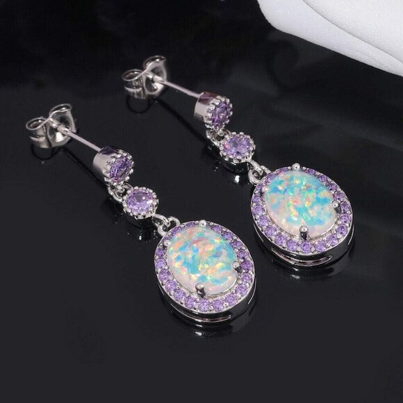 Fire Opal Amethyst Dangle Drop Earrings 18K White Gold/Rose Gold Plated Opal Jew - Picture 2 of 6